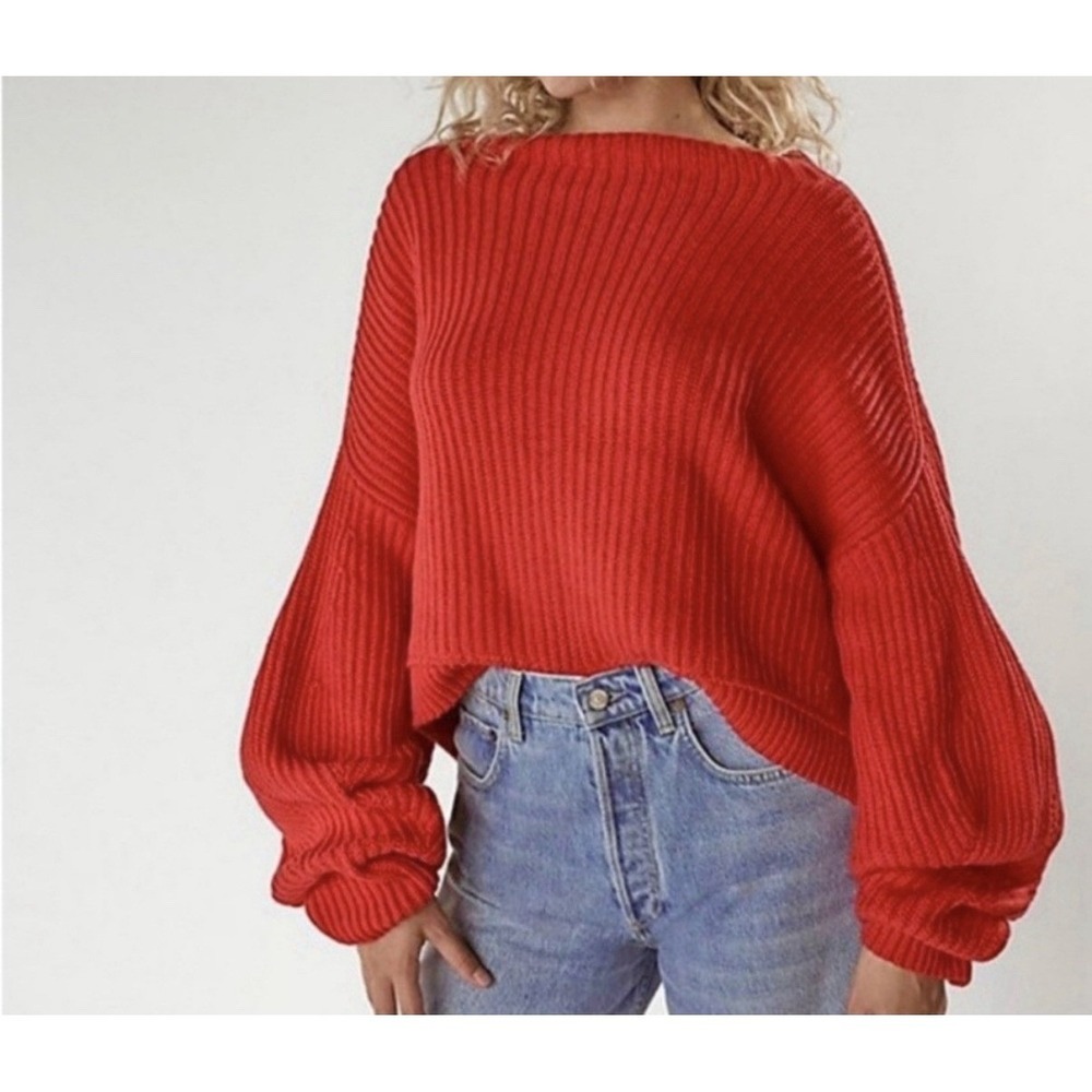 Free People Emmy Mock Neck Sweater Sz S Red  Ribbed Knitted Oversized Slouchy